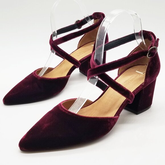 Garnet Hill Esta Crossover Strap Block Heels Burgundy Velvet Size 38 Pointy Toe - Picture 5 of 16